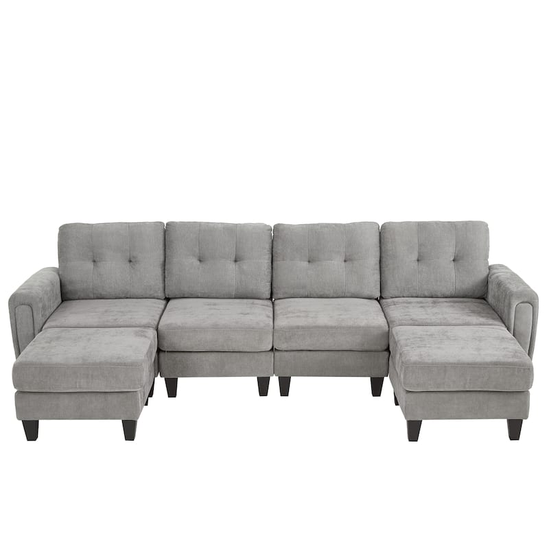 115" U-Shaped Sectional Couch, 6 Seat Upholstered Deep Seat Sofa with Movable Ottomans, USB Ports and Side Tables