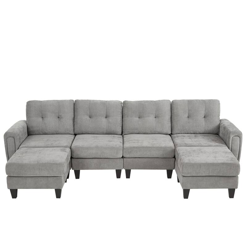 Roomfitters 115 Inch U-Shaped Sectional Sofa with 2 Ottomans and Foldable Side Tables, Chenille