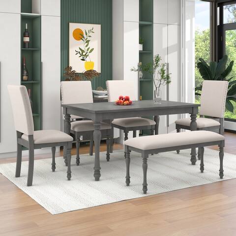 6-Piece Wood Dining Set with 4 Upholstered Chairs&Table&Bench for Dining Room