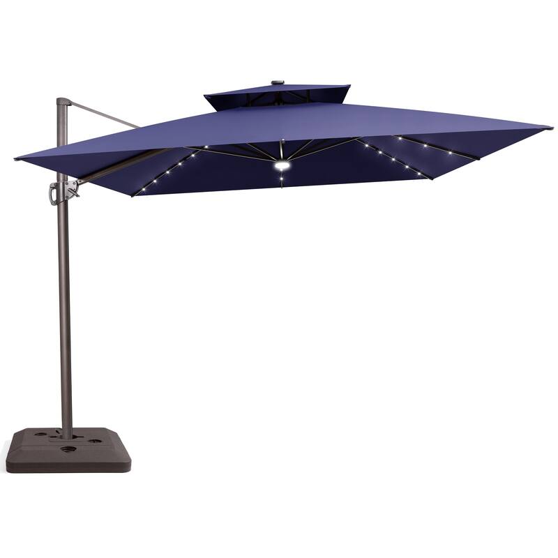 Outdoor Solar Powered LED Double Top Patio Cantilever Umbrella with Base Stand - Navy Blue