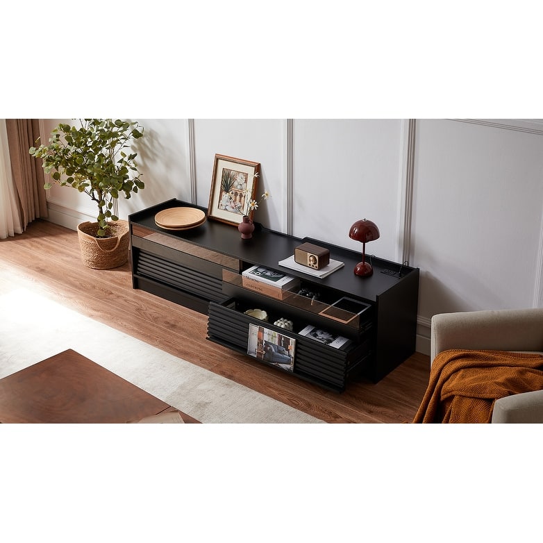 LED TV Stand for TVs up to 80" Wood TV Console with 4 Storage Drawer Media Console Table with Built-in Charging Ports