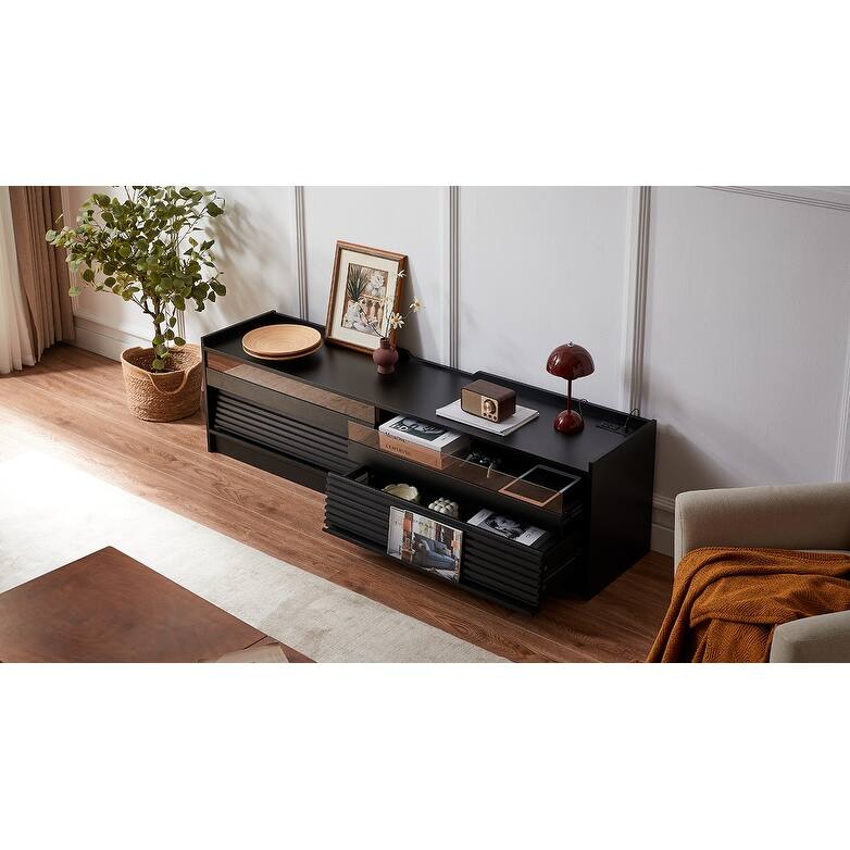 Modern LED TV Stand with 4 Drawers Built-In Charging Ports and Tempered Glass Panel, for Living Rooms, Black