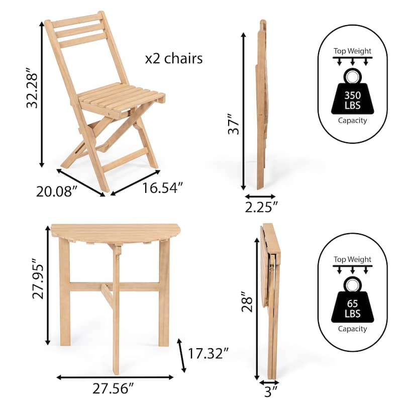 Nerja Classic French Country 3-Piece Acacia Wood Half-Round Outdoor Folding Bistro Set, Light Teak by JONATHAN Y