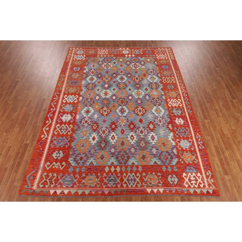 Hand Woven Oriental 100% Wool Carpet Southwestern All-Over Navy Blue & Blues Kilim Area Rug - 11' 10'' X 8' 5''