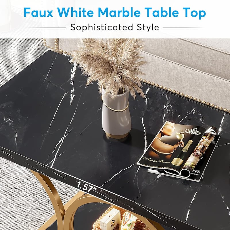 Rectangle Coffee Table, 2-Tier Faux Marble Wood Coffee Table