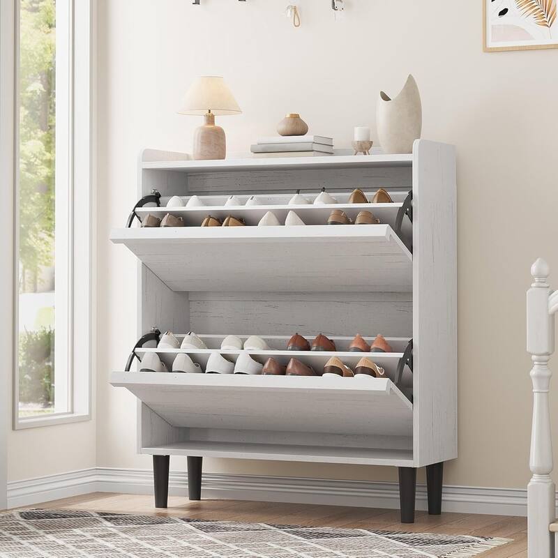 Narrow Shoe Cabinet Organizer with 2 Flip Drawers for Entryway, Hallway, Living Room