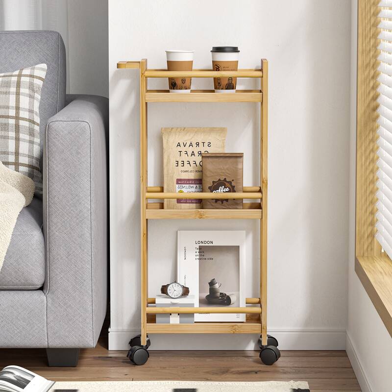 Anmytek 3-Tier Bamboo Kitchen Rolling Cart - Multi-Purpose Mobile Trolley with Lockable Wheels