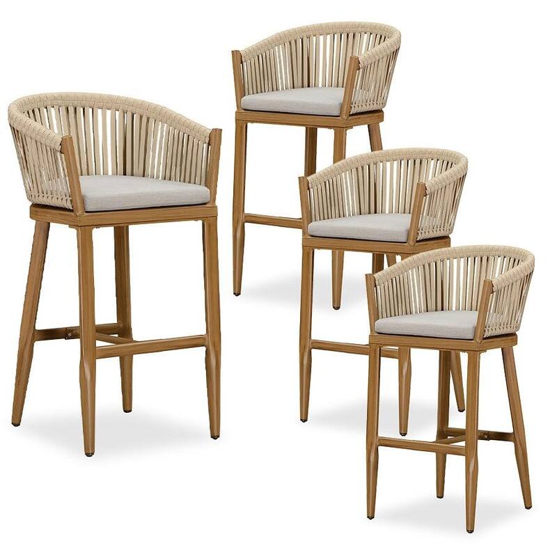 PURPLE LEAF Outdoor Counter Height Bar Stools Set of 4 Patio Aluminum Barstools with Back and Cushions - Teak - Bar Height