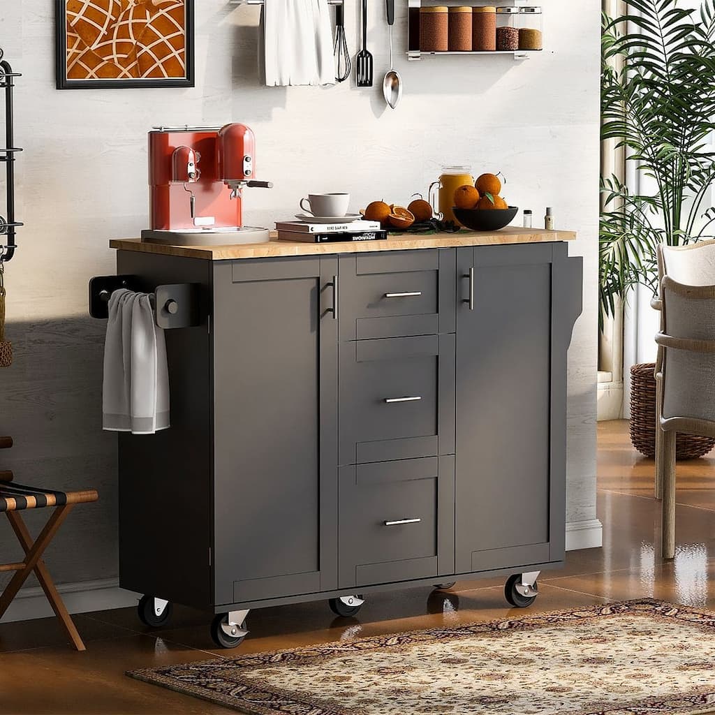 Kitchen Island Cart with Rubber Wood Top and Locking Wheels