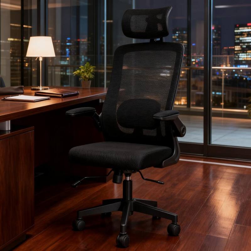 Ergonomic Desk Chair with Flip-up Armrest,Mesh Office Chair,Rotatable Headrest, Adjustable Lumbar Support - Black