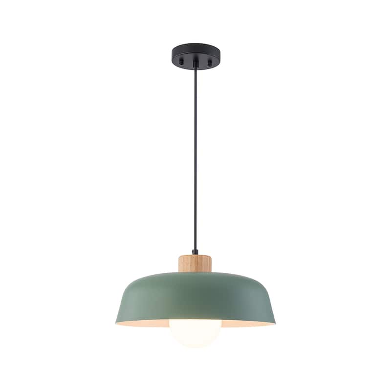 Modern 1-Light Green Dome Pendant Light with Decorative Wood Accent