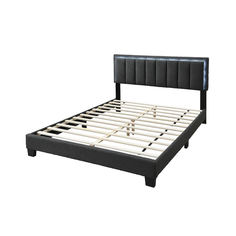 Modern Style 1pc Bed Set Channel Tufted Built In LED Light Headboard Charcoal Finish Bedroom Furniture