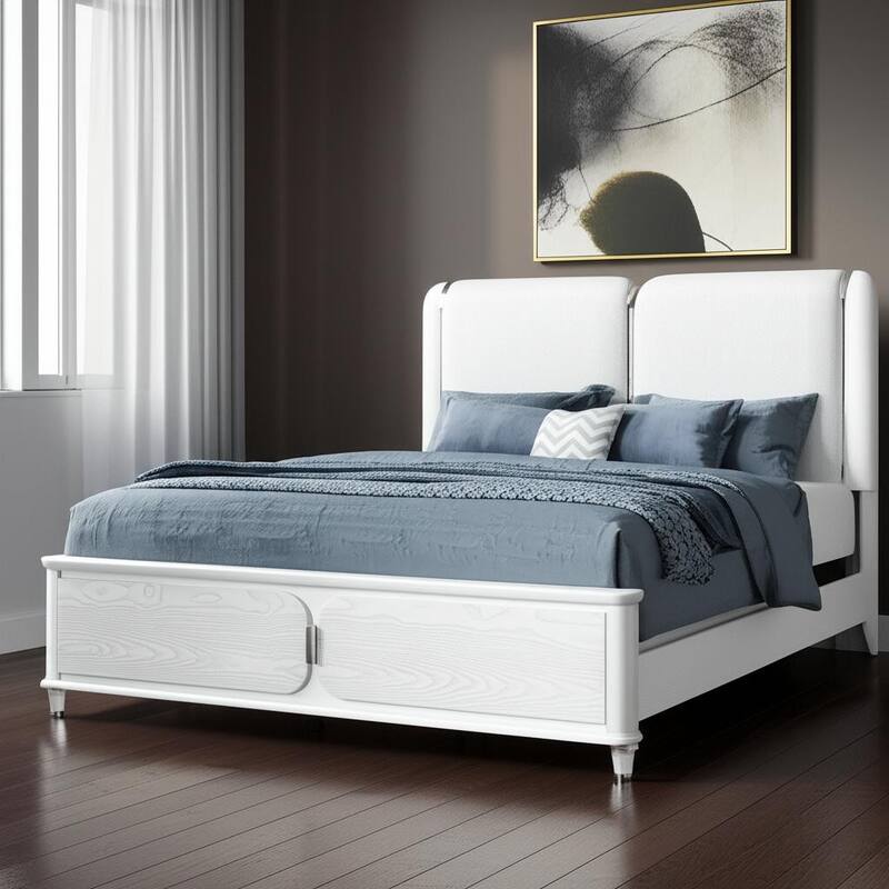 HomeRoots Gray and White Wood And Upholstery Lighted Queen Bed Frame - Queen