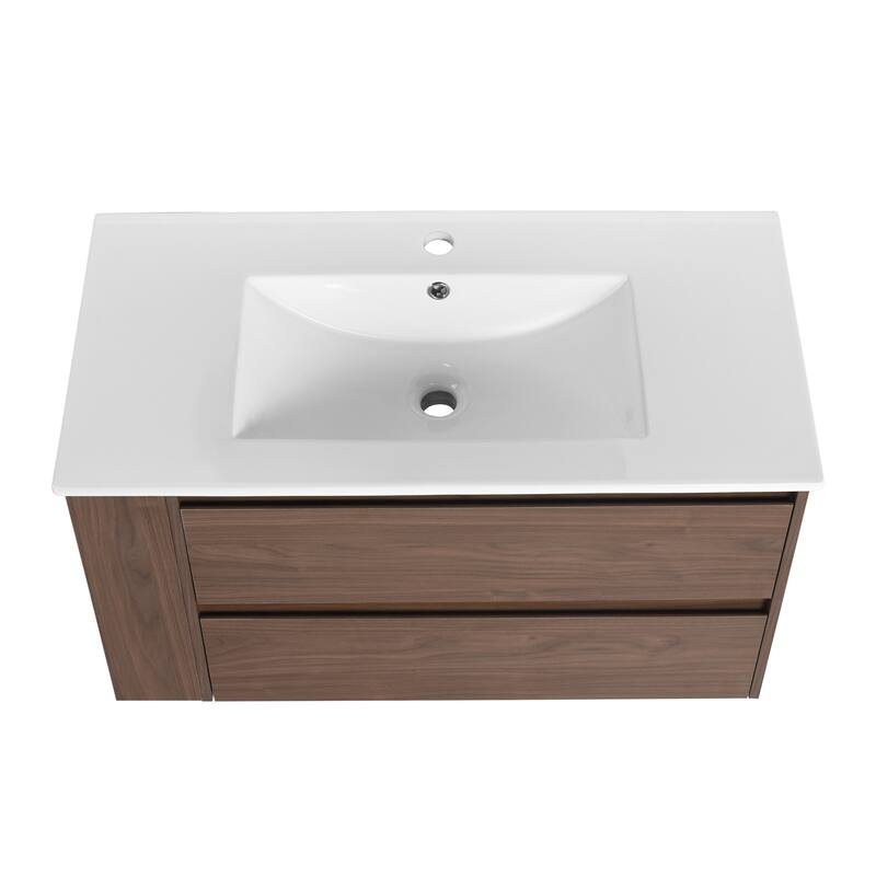 Contemporary 36-Inch Bathroom Vanity Cabinet with Adjustable Side Shelf, Soft-Close Drawers & Ceramic Sink - 35.9in L Plywood