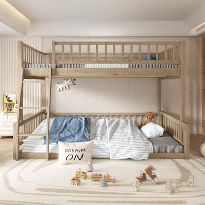 Walnut Full XL over Queen Size Bunk Bed with Ladder and Guardrails for Kids, Boys and Girls, Bedroom