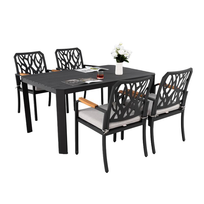 All Weather Aluminum Rectangular Patio Dining Table and Chairs Set with Umbrella Hole and Removable Cushions - Ember Black