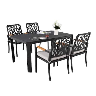 All Weather Aluminum Rectangular Patio Dining Table and Chairs Set with Umbrella Hole and Removable Cushions