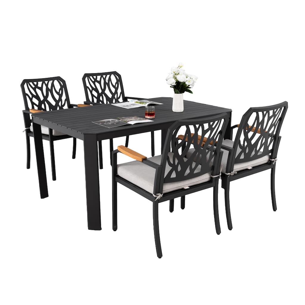 All Weather Aluminum Rectangular Patio Dining Table and Chairs Set with Umbrella Hole and Removable Cushions