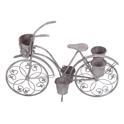 Metal Bike Distressed Indoor Outdoor Scroll 3 Tier Indoor Outdoor Plantstand with Fleur De Lis Wheels - Gray - Roche River Decor