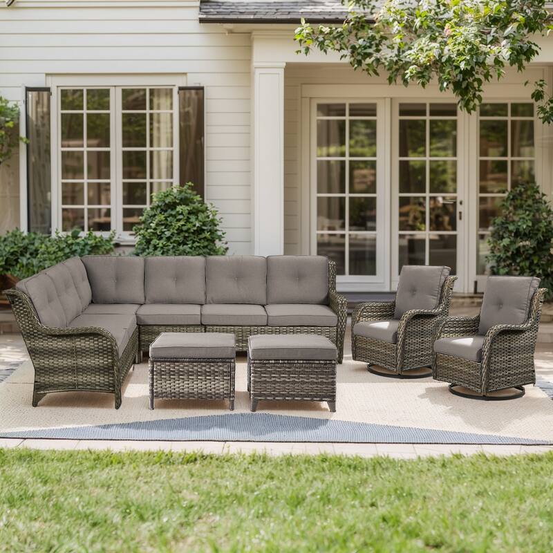Outdoor Sectional Sofa Furniture Set - Grey Rattan - Grey Cushion - Sectional Sofa with Swivel Chair Ottomans