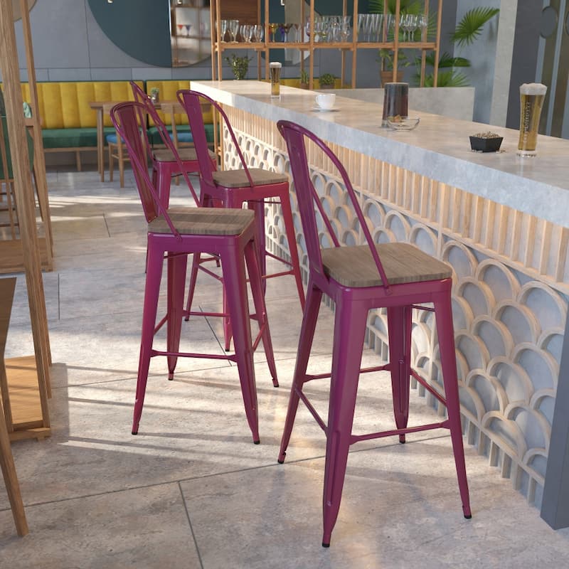 4 Pk. 30" High Metal Barstool with Back and Wood Seat - 18"W x 19"D x 46"H - 18"W x 19"D x 46"H