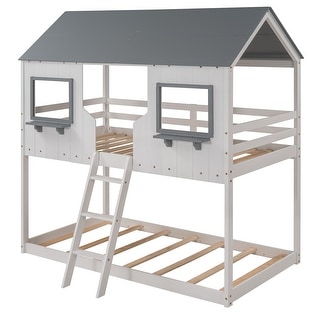 Twin Playhouse Bunk Bed with Roof & Guardrails
