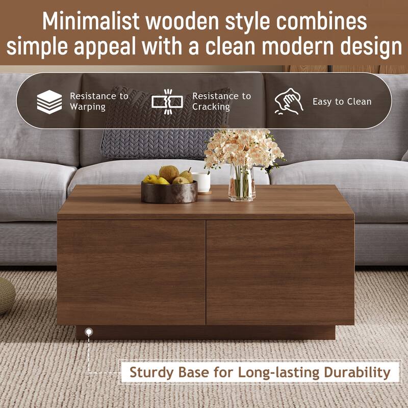 Roomfitters Square Coffee Table, Modern Wood Center Table with 4 Storage Compartments for Living Room