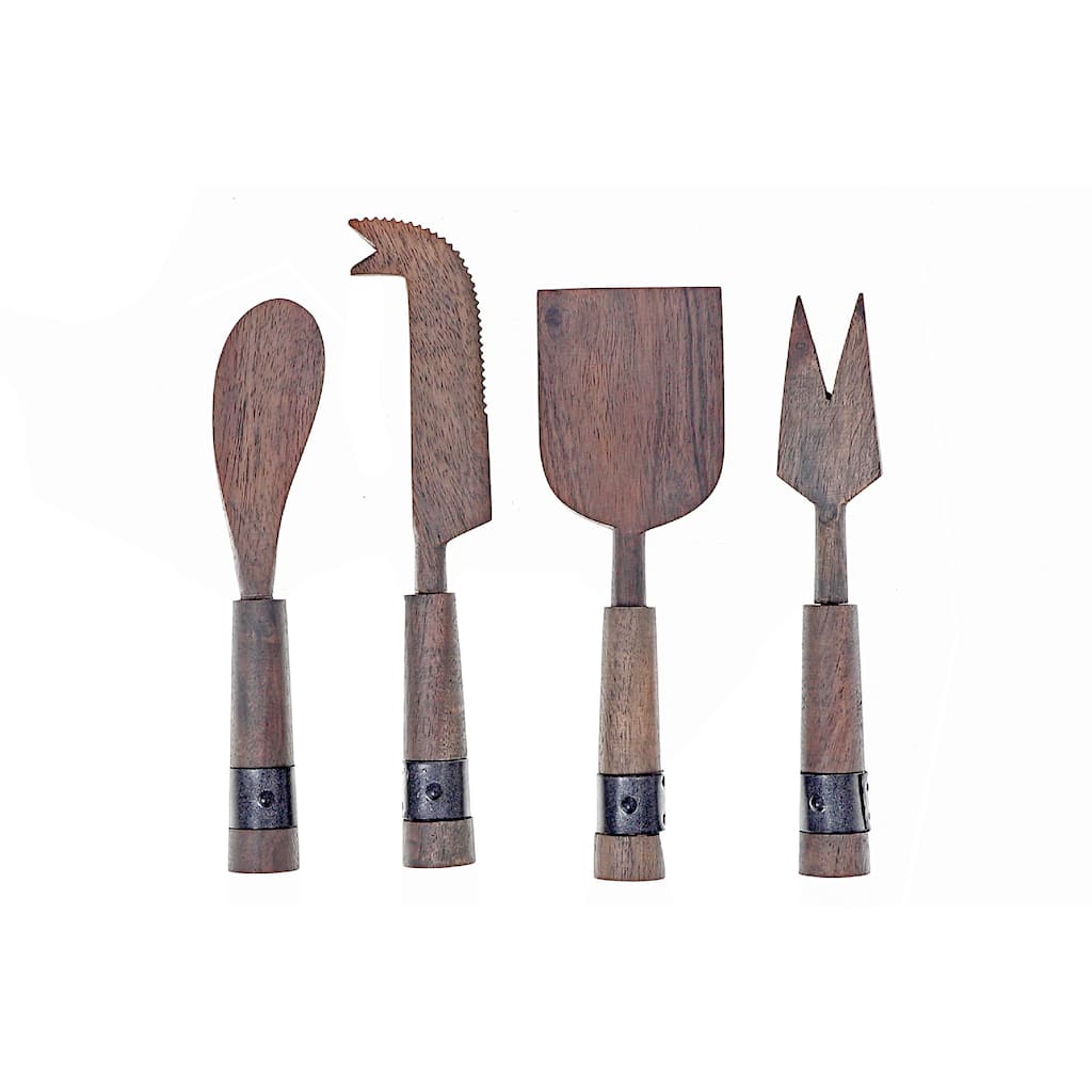 IH Casa Decor Gray Acacia Wood With Riveted Gunmetall 4 Pc Cheese Cutlery Set