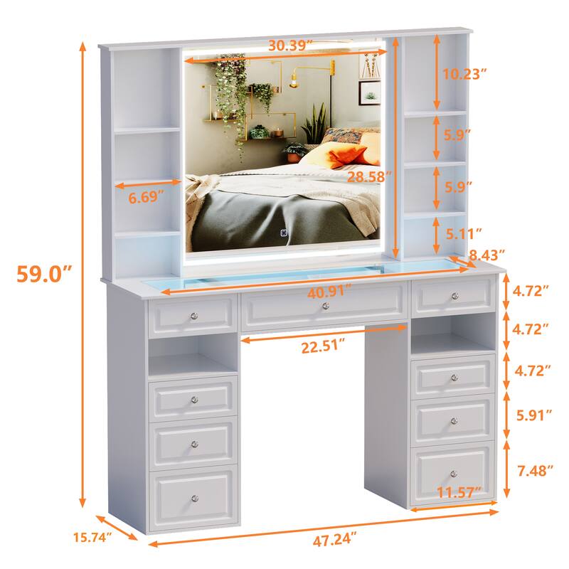 Modern Vanity Set with Lighted Mirror,Extra Large Mirror Makeup Vanity Table with 9 Drawers,European Style Vanity