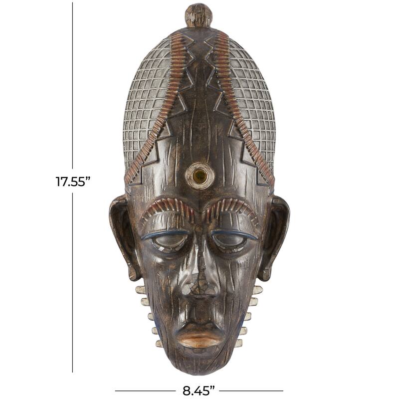 Brown Polystone Primitive African Mask and Standing African Woman Sculpture Wall Decor