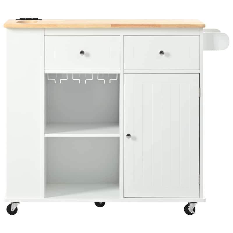 Kitchen Cart with Power Outlet,Open Storage Shelves and Wine Rack,5 Wheels,Drop Leaf and Rubber Wood - White