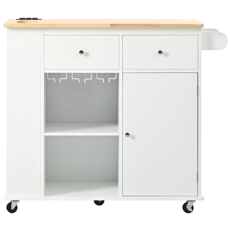 Removable Kitchen Island with Power Outlet, Wine Rack, Simple Storage Cabinet with Stemware Holder and 2 Drawers, White