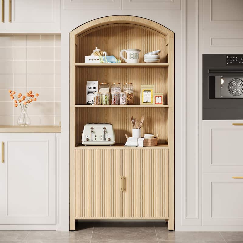 71" Tall Arched Kitchen Pantry Cabinet with Doors - Natural Wood