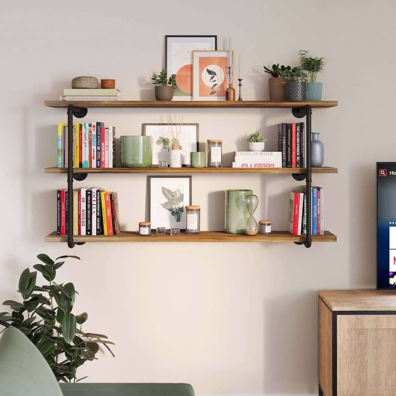 Wallniture 60"x 10" Pipe Shelves, Wood Shelving Unit, Wall Shelves for Books, Long Wall Shelf, Burnt, 3-Tier