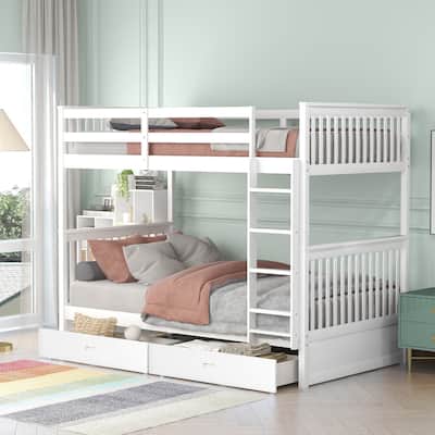 Twin-Over-Twin Bunk Bed with Storage Drawers, Headboard, Full-length Guardrail