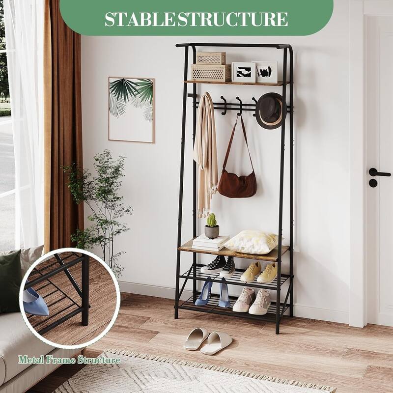 Hall Tree With Shoe Storage Bench, 4-In-1, Steel Frame With 10 Hooks for Entryway, Freestanding Coat Rack Stand for Home - N/A