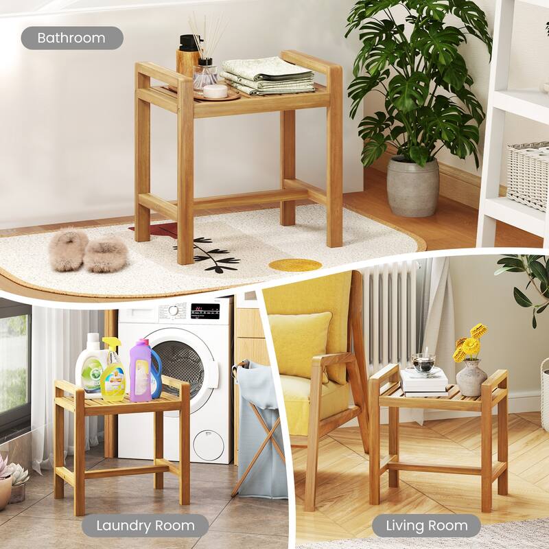 Gymax Teak Wood Shower Bench Solid Wood Stool for Inside Shower