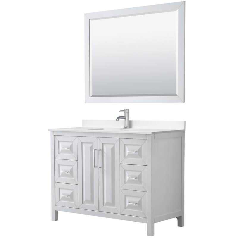Daria 48-inch Single Vanity, Single Hole Quartz Top, 46-inch Mirror - White, Chrome Trim, White Quartz Top