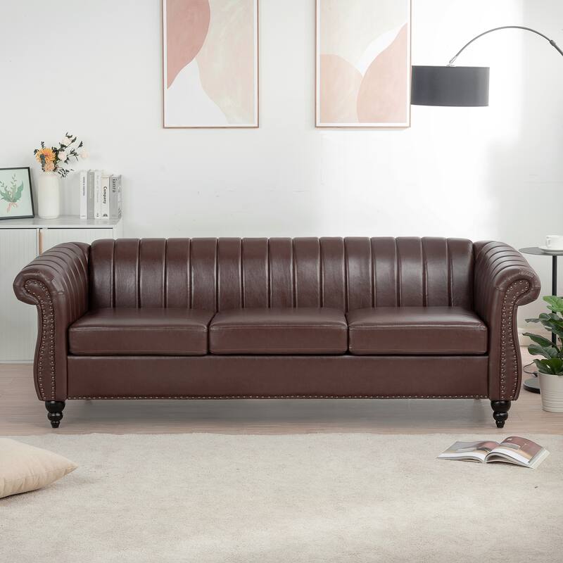 84.65"PU Rolled Arm Chesterfield Three Seater Sofa.