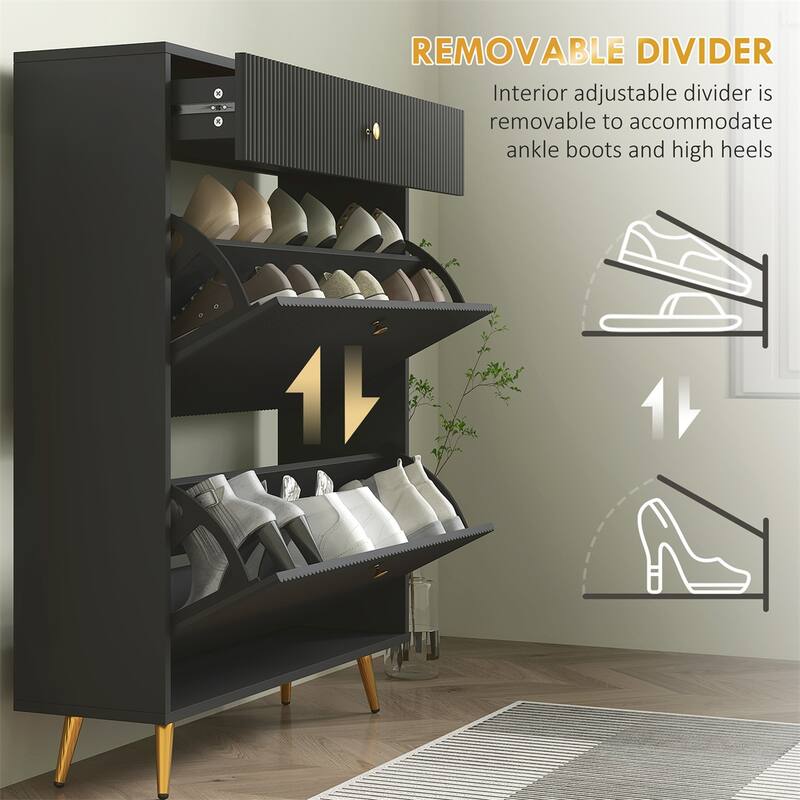 Modern Shoe Cabinet with Flip Storage Drawers and Gold Handles Adjustable Shelves for 12 Pairs - 31.5" W x 9.4" D x 40" H