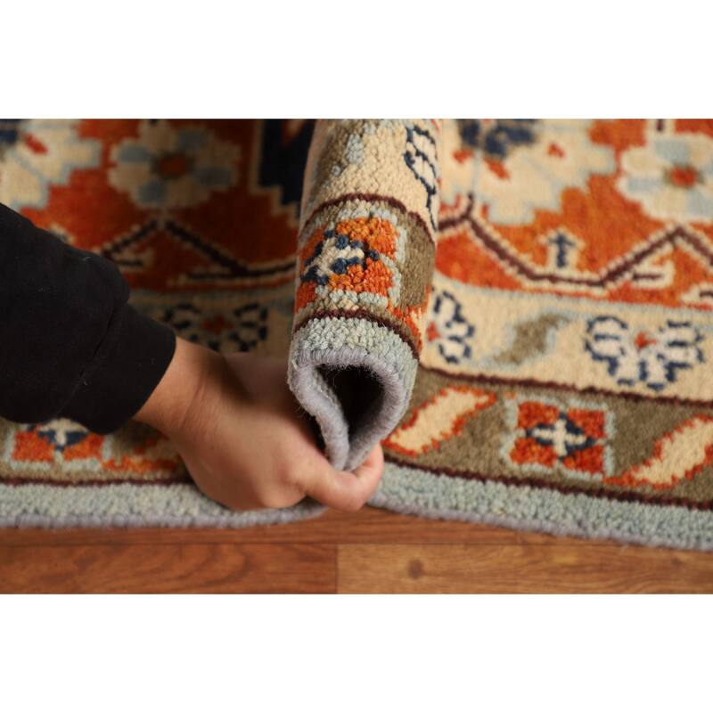 Light Blue Orange Viss Oriental Large Rug Hand-Knotted Wool Carpet - 11'9" X 17'9"