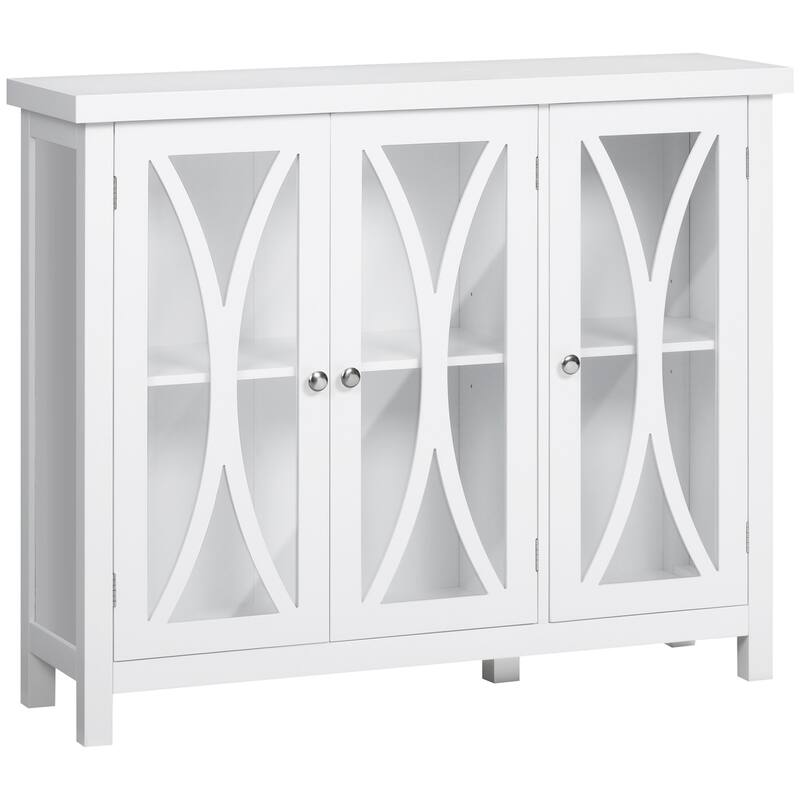 Buffet Cabinet with 3 Tempered Glass Doors, Arc Pattern and Adjustable Storage She - White
