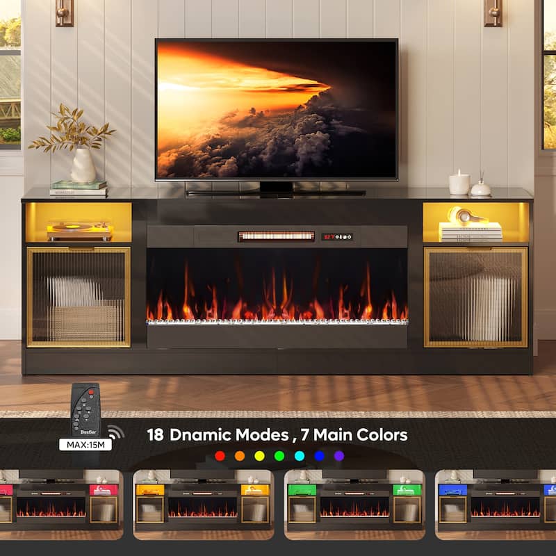 Bestier 71 in. Freestanding Fireplace TV Stand for TVs Up to 80 in. with Ample Storage in Glossy - 22.83hx71wx15.75d