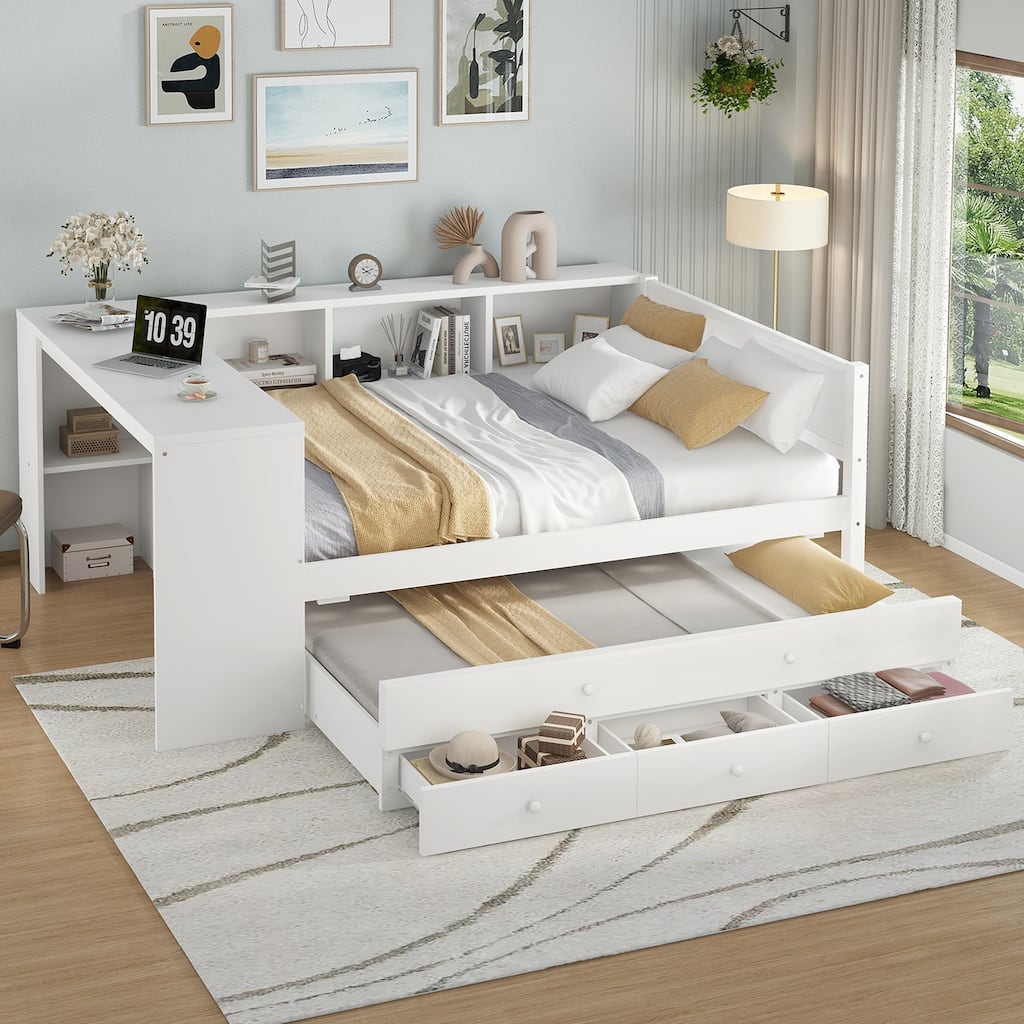 Full Size Wood Daybed with Trundle, Storage Drawers, Side Shelves, and Desk, White