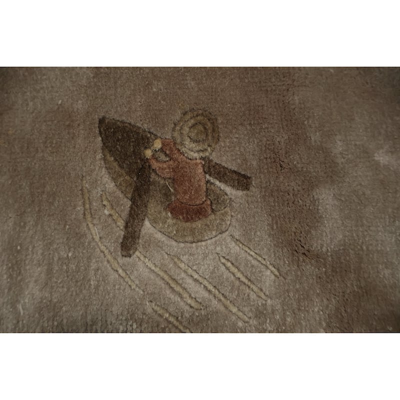 Hand Knotted Oriental Silk Carpet Traditional Pictorial Brown Art Deco Area Rug - 9' 2'' X 6' 0''