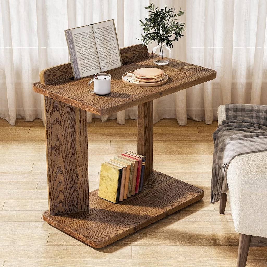 2-Tier Solid Wood Farmhouse C-Shaped End Table with Book Groove & Holder - 25.59"L × 15.75"W × 27.56"H