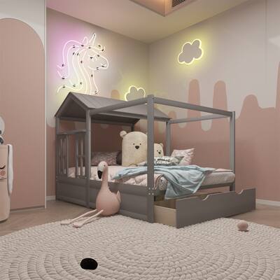 Twin Size House Bed With Roof Window and Drawer