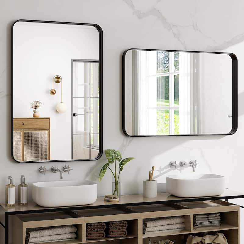 Organnice Rectangular Aluminum Framed Modern Rounded Wall Mount Mirror