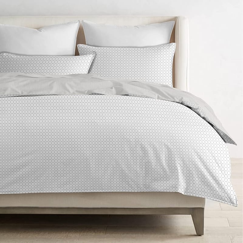 Delara GOTS Certified 100% Organic Cotton Check Reversible Print Duvet Cover and Sham Set of 2, White/Grey
