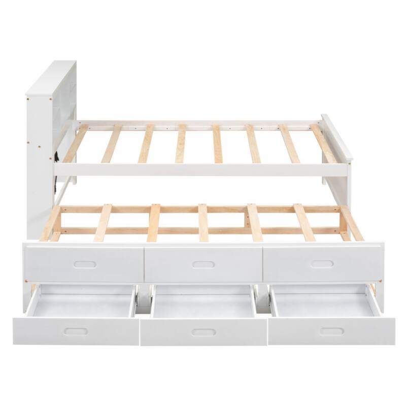 Twin Size Platform Bed with Storage Headboard, USB, Twin Size Trundle and 3 Drawers